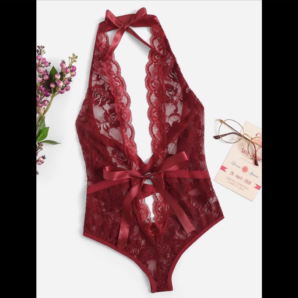 Low Back Criss Cross Floral Lace Teddy Bodysuit